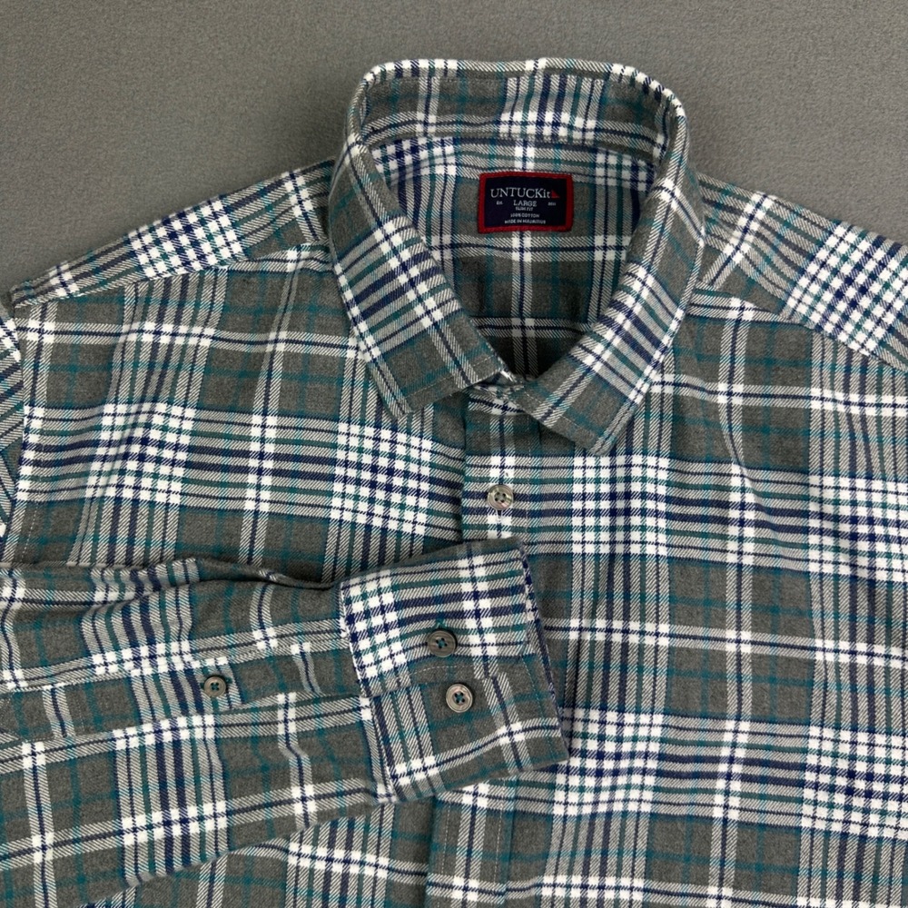UNTUCKit Mens Large Slim Fit Flannel Plaid Button Down Shirt Grey Blue White